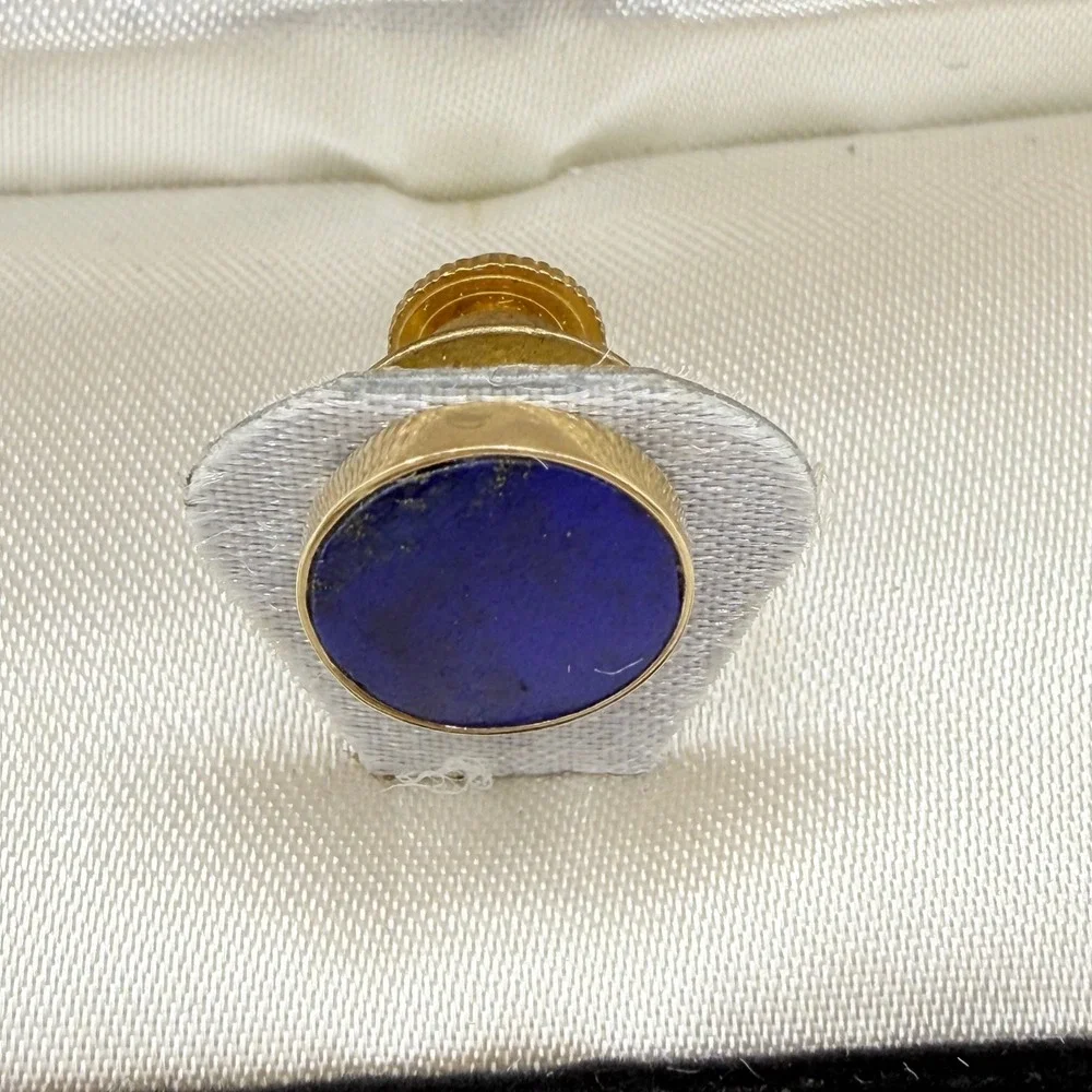 Vintage 14K Solid Yellow Gold Lapis Lazuli Tie Tack Lapel Pin Round Blue Estate
